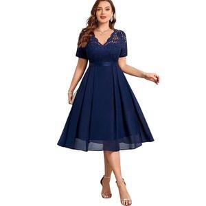 Miusol Navy Blue Lace Top Short Sleeves Cocktail Dress Size L Prom Party EUC